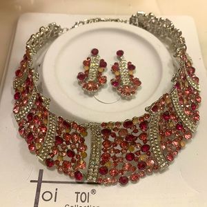 Pink and silver stone choker with earring new with price tab